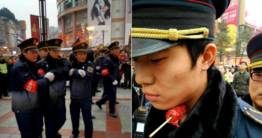 Woman Stabs Chinese Urban Officer in the Neck With a Street Food Skewer