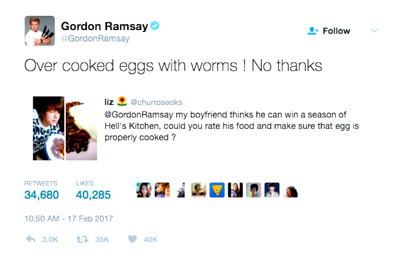 Gordon Ramsay Roasts K-pop Star’s ‘Overcooked Eggs With Worms’ on Twitter