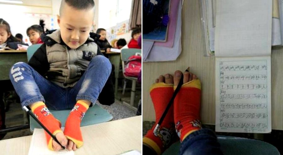 8-Year-Old Chinese Boy is Winning at Life Despite Not Having Arms
