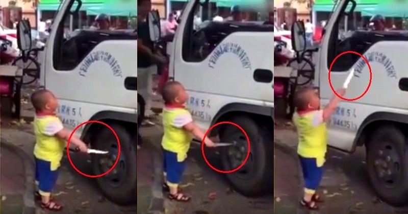 Gangster Toddler Threatens Truck Driver With Knife For Blocking His Grandma’s Stall
