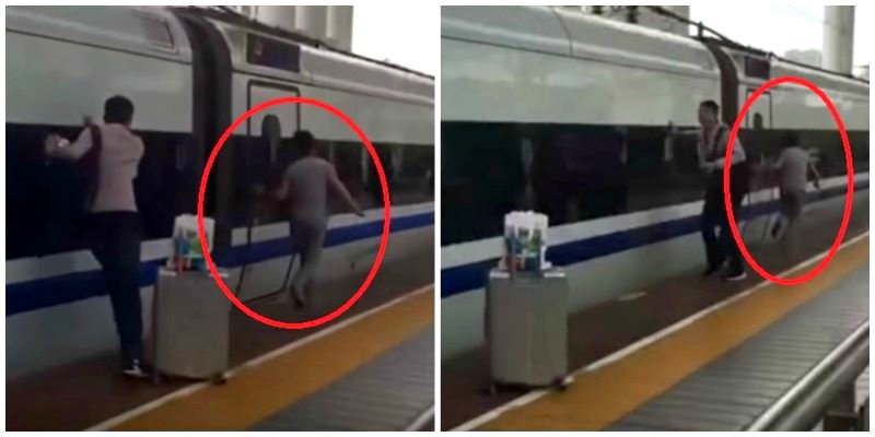 Chinese Man Desperately Runs Along Train Because His Finger is Stuck in the Door
