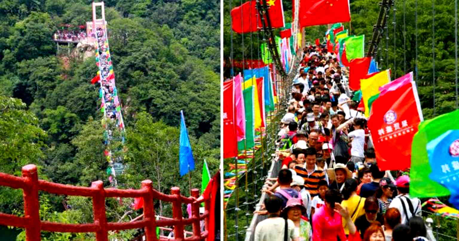 10,000 Chinese Tourists Flood Glass Bridge During Free Admission Weekend