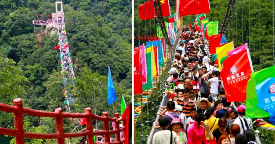 10,000 Chinese Tourists Flood Glass Bridge During Free Admission Weekend