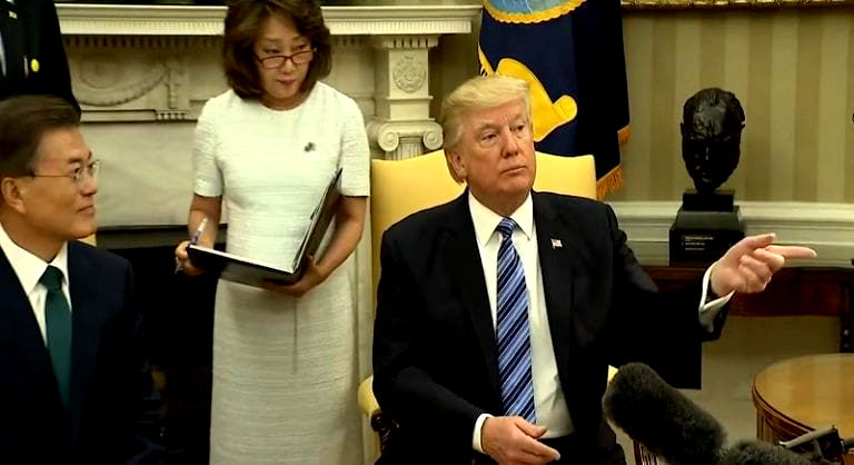 Watch Trump Scold Korean Media for Knocking Down a Table at the Oval Office