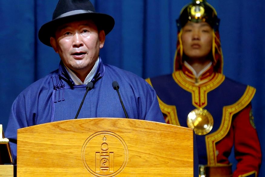 New Mongolia's president Khaltmaa Battulga speaks during his inauguration ceremony in Ulaanbaatar