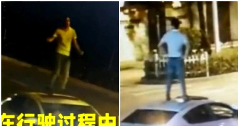 Drunk Driver in China Caught on Camera Riding on Roof of Self-driving Car