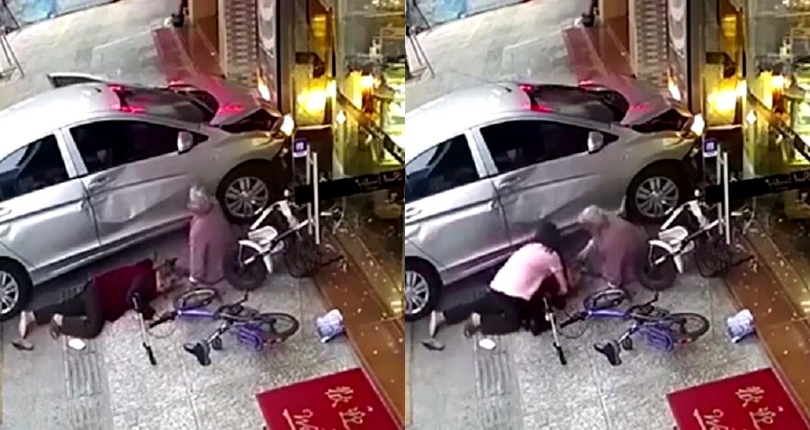 Brave Elderly Woman Saves Friend From Car Crashing Into Storefront in China