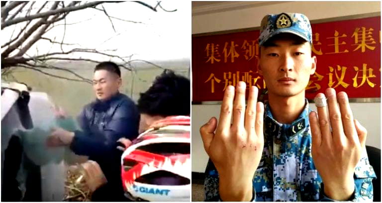 Chinese Soldier Rips Windshield Off With His BARE HANDS to Save People Trapped in a Car