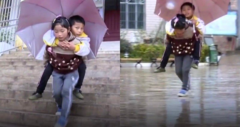 She Carries Her Disabled Brother to School Everyday on Her Back