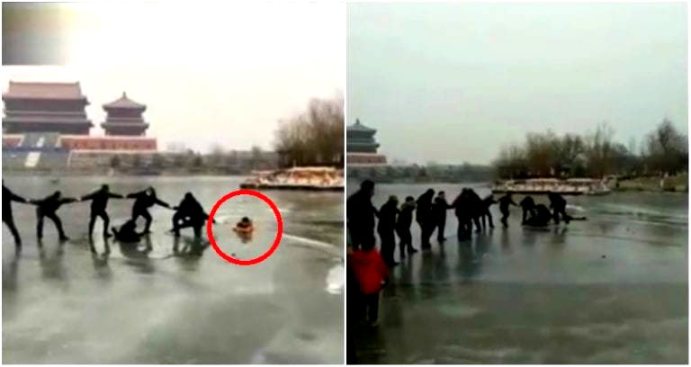 Good People in China Form Human Chain to Save Mother and Kids Trapped in Frozen Lake