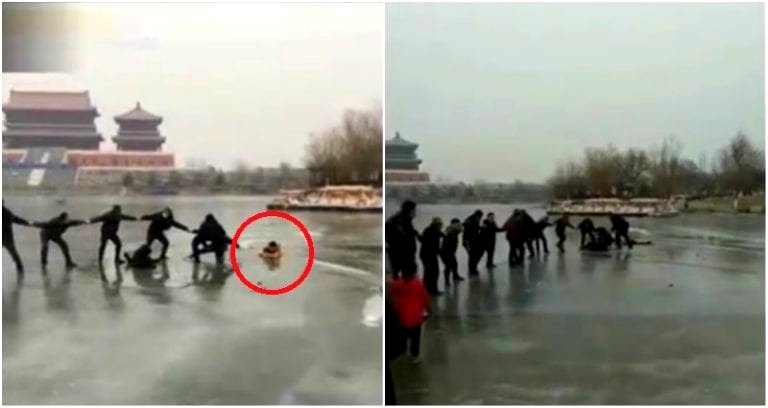 Good People in China Form Human Chain to Save Mother and Kids Trapped in Frozen Lake