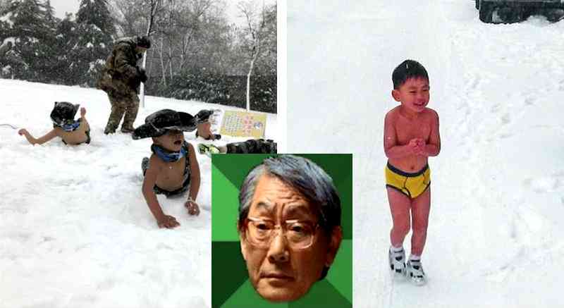 High Expectations Chinese Dad Trains Shirtless Kids During a SNOWSTORM
