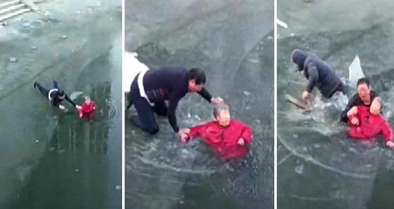 Chinese Man Risks Life To Save Elderly Woman Who Fell in Icy River in Viral Video