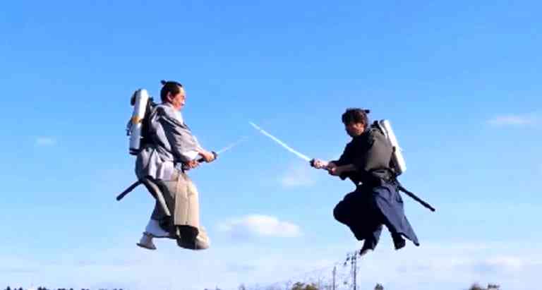 Two Samurais Fighting With Katanas in Mid-Air Using Jetpacks is All You Need Today