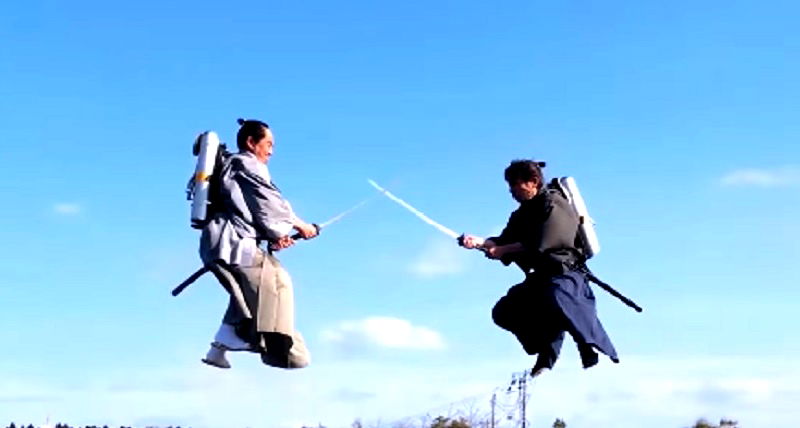 Two Samurais Fighting With Katanas in Mid-Air Using Jetpacks is All You Need Today