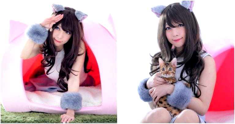 Japanese Bikini Model Cosplays as a Cat for Human Pet House