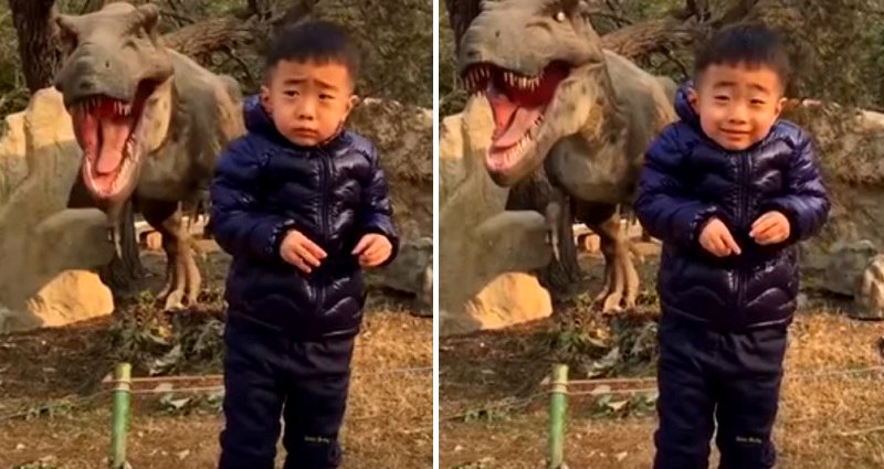 Chinese Boy Terrified of ‘Dinosaur’ Forces Oscar-Worthy Smile For The Camera