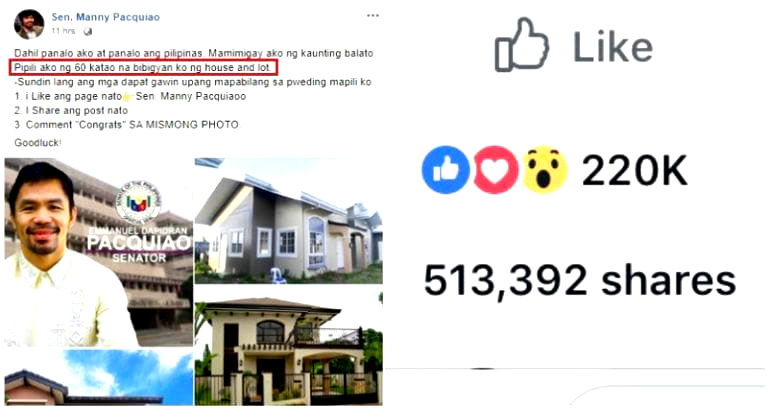 Fake ‘Manny Pacquiao’ Facebook Page Promising 60 Free Houses Goes Viral in the Philippines