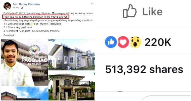 Fake ‘Manny Pacquiao’ Facebook Page Promising 60 Free Houses Goes Viral in the Philippines