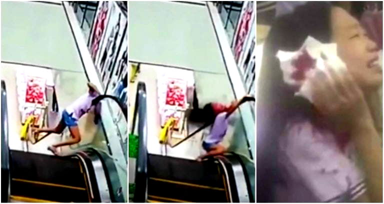 Girl Nearly Avoids Horrific Injury After Getting Head Stuck Along Escalator