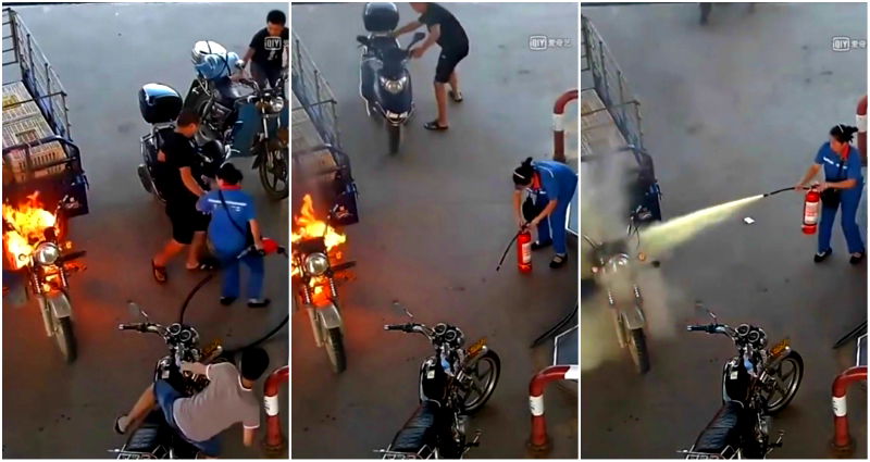 Badass Gas Station Worker Extinguishes Flaming Tricycle in 12 Seconds