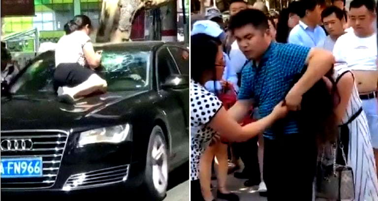 Furious Wife Hops on Husband’s Car After Catching Him Driving With His Mistress