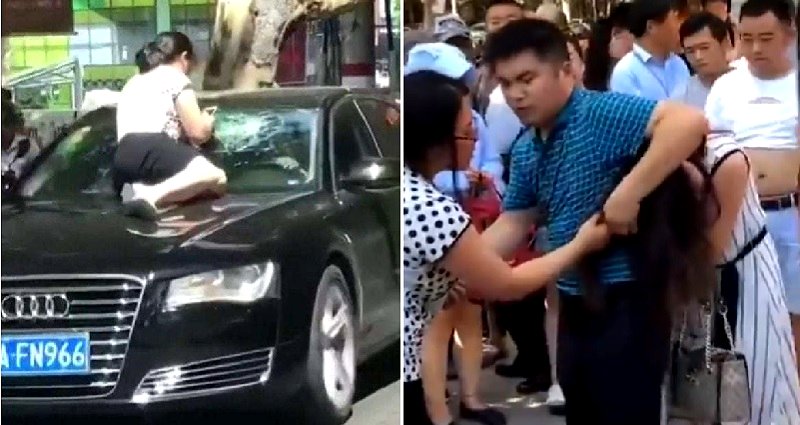 Furious Wife Hops on Husband’s Car After Catching Him Driving With His Mistress
