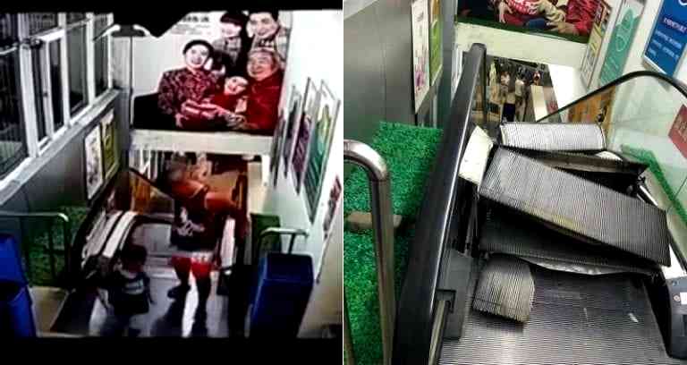 Father and Son Narrowly Escape D‌e‌a‌th When Escalator Collapses On Itself in China
