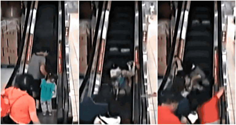 Chinese Granny and Grandchildren Tumble Down An Escalator for Half a Minute