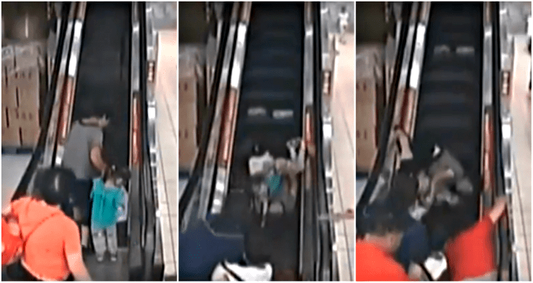 Chinese Granny and Grandchildren Tumble Down An Escalator for Half a Minute