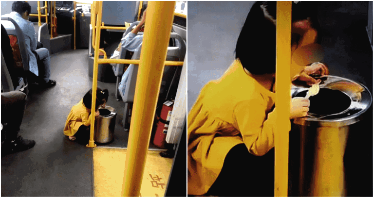 Extremely Polite Toddler Eats Her Popsicle Over a Garbage Can While on the Bus