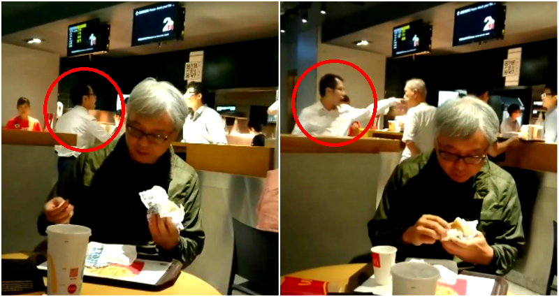 Grandpa in Hong Kong Diligently Eats McDonald’s as Man Throws Tantrum Over Straws Behind Him