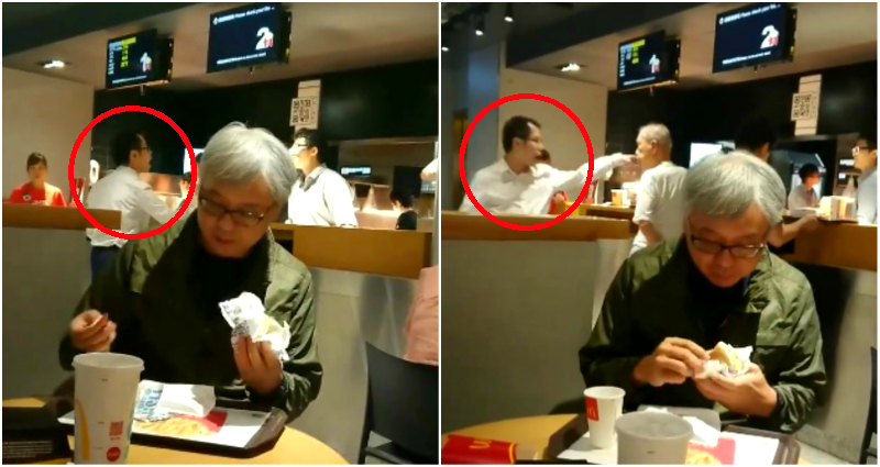 Grandpa in Hong Kong Diligently Eats McDonald’s as Man Throws Tantrum Over Straws Behind Him