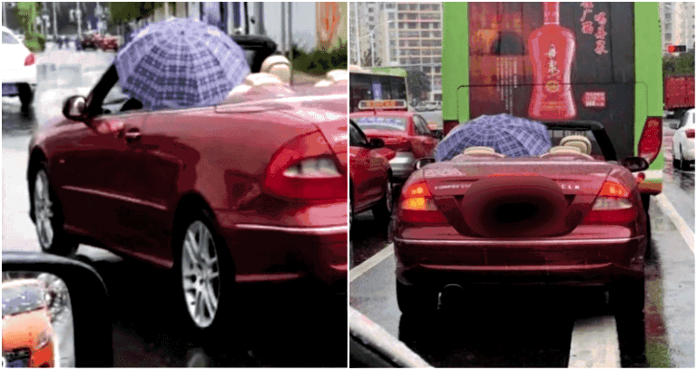 Mercedes Driver in China Uses an Umbrella to Stay Dry in a Convertible