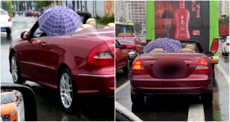 Mercedes Driver in China Uses an Umbrella to Stay Dry in a Convertible