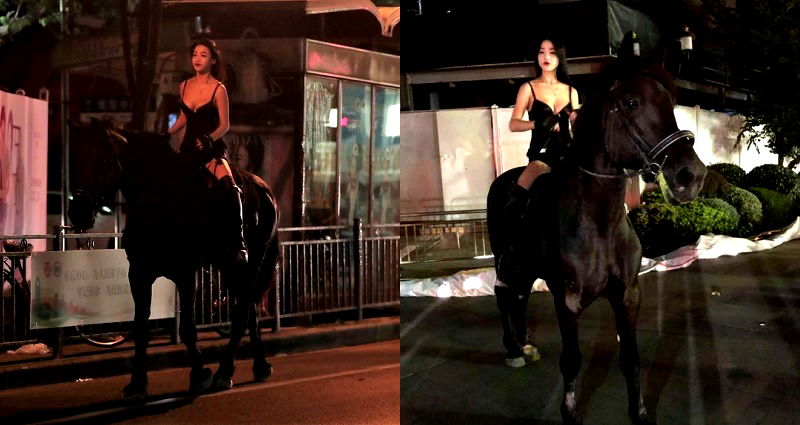 Mysterious Woman Captured on Camera Casually Riding a Black Horse on the Streets of Shanghai