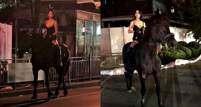 Mysterious Woman Captured on Camera Casually Riding a Black Horse on the Streets of Shanghai