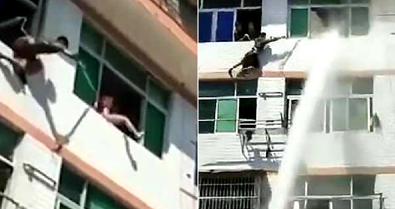 Chinese Firefighters Use Water Hose to Stop Suicidal Woman From Jumping Off Building