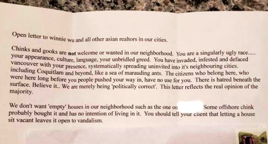 Asian Canadian Realtor Warned ‘Ch*nks and G*oks’ Not Welcome in Racist Letter