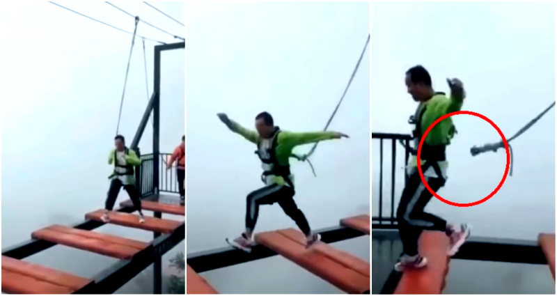 Lucky Tourist Crosses Terrifying Gap Bridge in China as Safety Rope Breaks Off