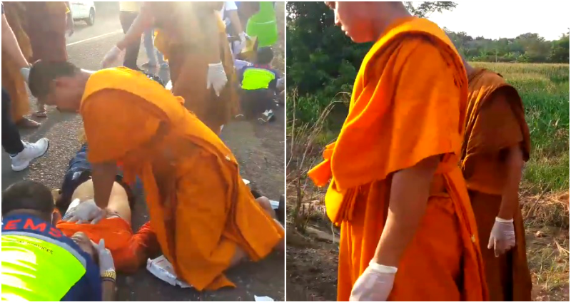 Thai Monks With First-Aid Training Perform CPR on Injured Man