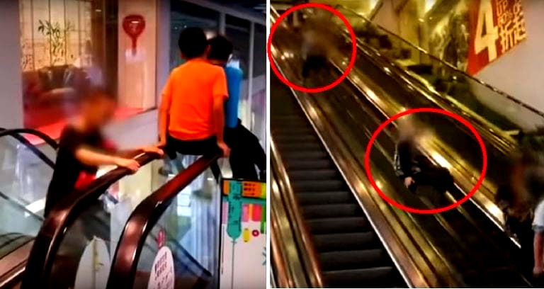 Adults Cheer as ‘Daredevil’ Kids Slide Down Handrails of Long Escalator in Chinese Mall