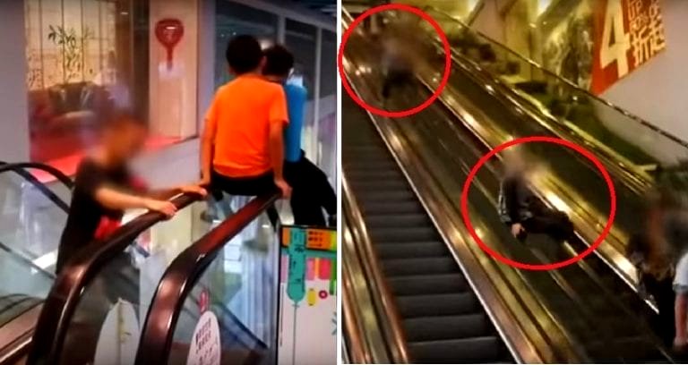 Adults Cheer as ‘Daredevil’ Kids Slide Down Handrails of Long Escalator in Chinese Mall