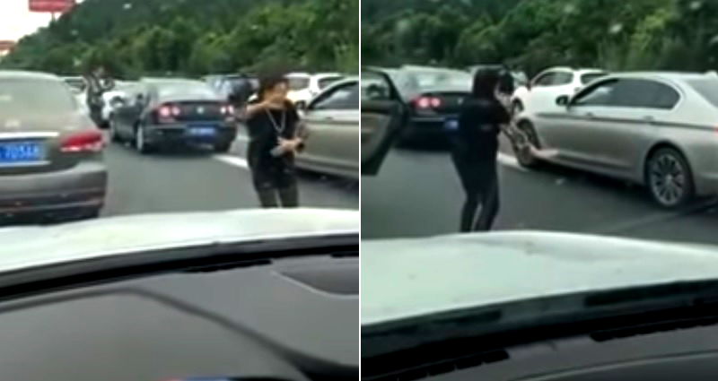 Chinese Auntie Practices Tai Chi in the Middle of Traffic Jam During China’s Golden Week Holiday