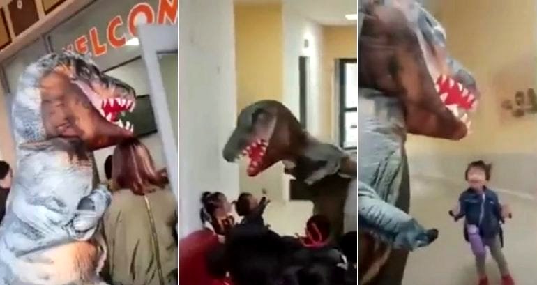 Chinese Dad Wins Internet After Picking Up Daughter from School in T-Rex Costume