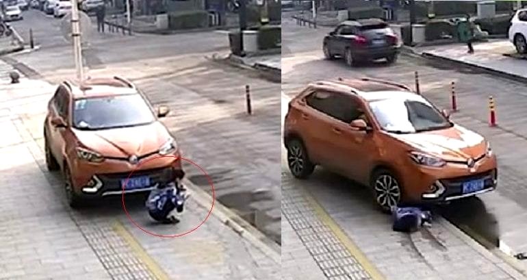 Woman Asian Squatting in Front of Parked SUV Nearly Run Over by the Vehicle
