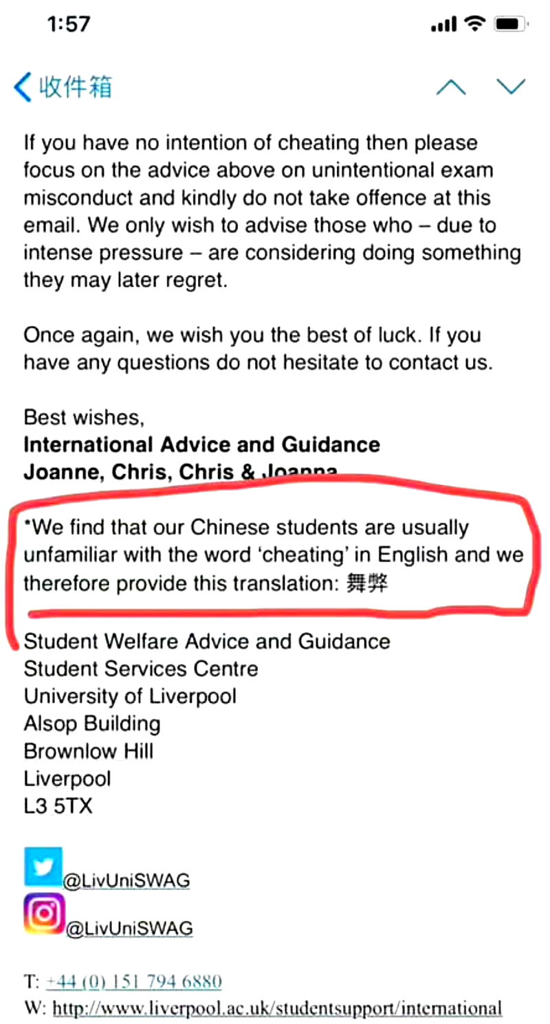 The University of Liverpool sparked outrage after allegedly singling out Chinese students in an anti-cheating notice released ahead of exams this month.