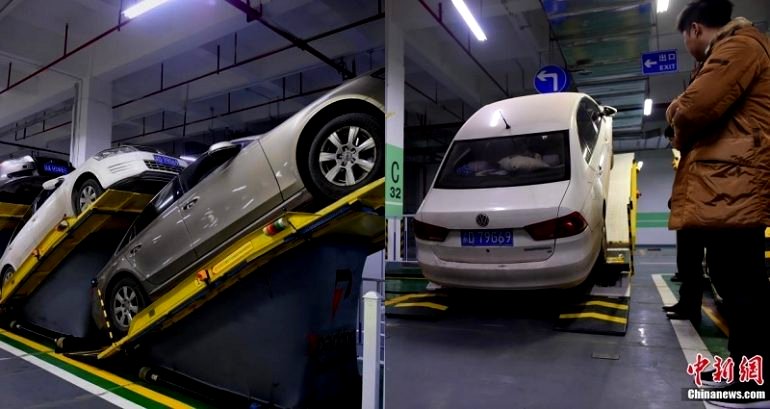 Chinese City Experiments With ‘Inclined’ Parking Spots to Save Space