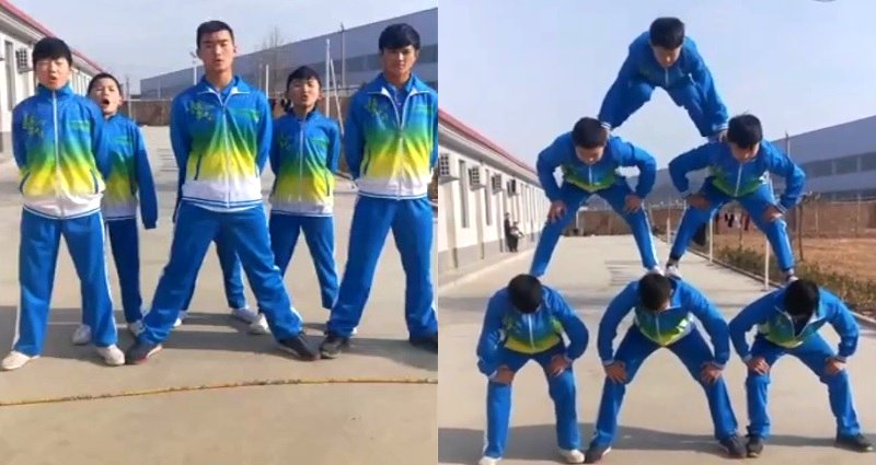 Acrobatic Students in China Jump Roped as a Human Pyramid