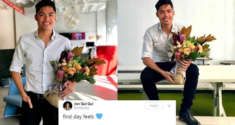 Man Has Hilarious First Day at Work When He Thinks Flowers Were For Him. They Were Not.